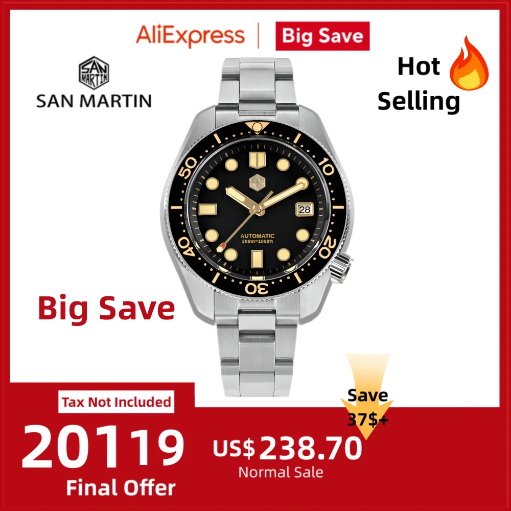 

San Martin 44mm MM300 Black Turtle NH35 Men's Watch Mechanical Vintage Sapphire Date Window Gilt Dial 30Bar Reloj Hombre SN0087