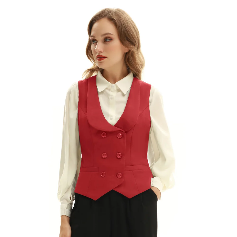 Pepper Poque-Gilet vintage à double boutonnage pour femme, col en V profond, ourlet mouchoir, col à revers, poche