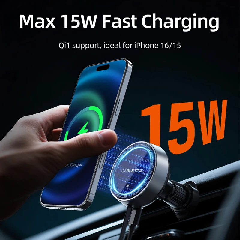 CABLETIME Caricabatterie wireless per auto 2 in 1 Ricarica rapida massima 15 W e cavo Lightning da 20 W Tipo C per iPhone HUAWEI XIAOMI