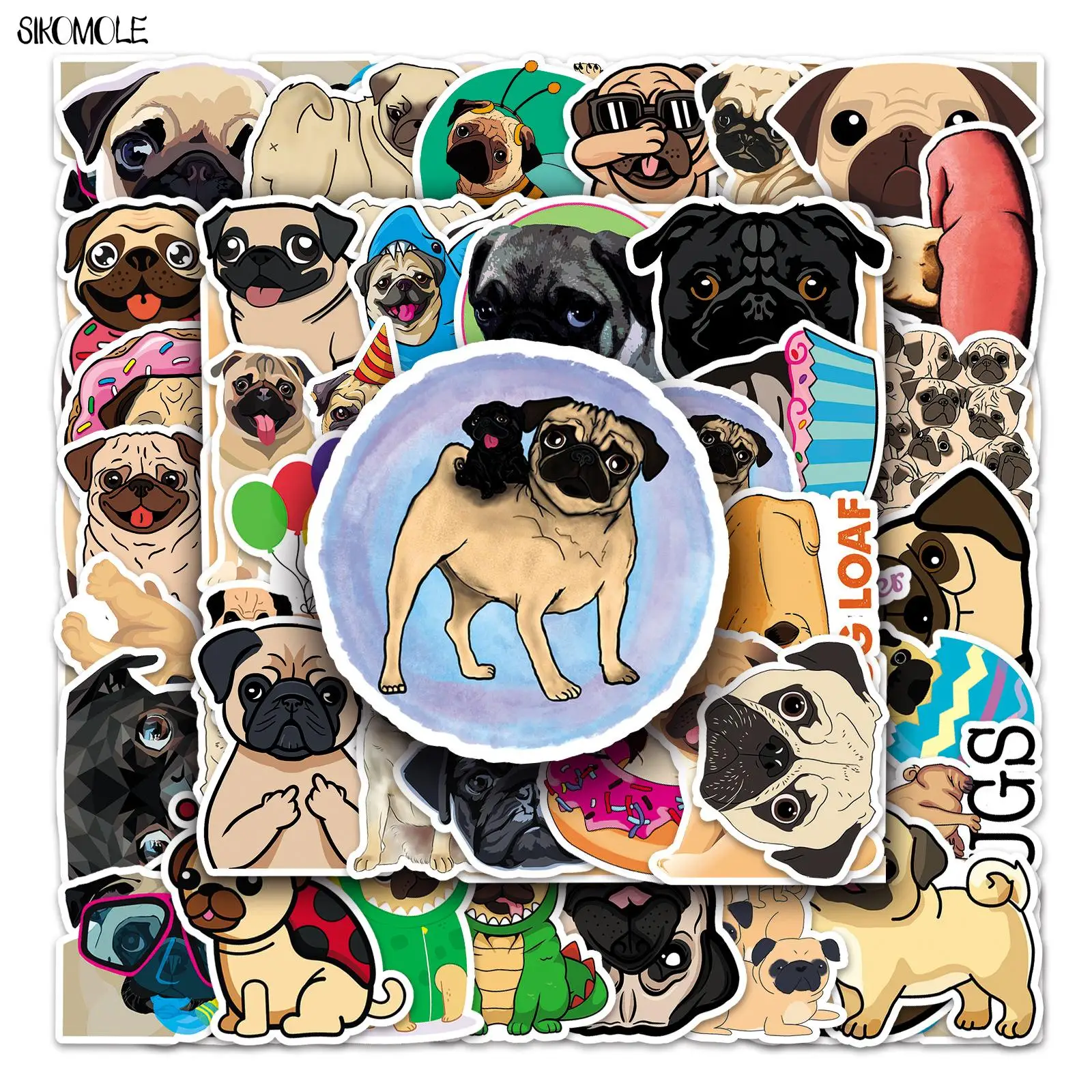 10/30/50pcs Cute Pug Dog Stickers Animals DIY Car Laptop Suitcase Skateboard Guitar Phone Cartoon Graffiti Sticker Kid Gift Toys