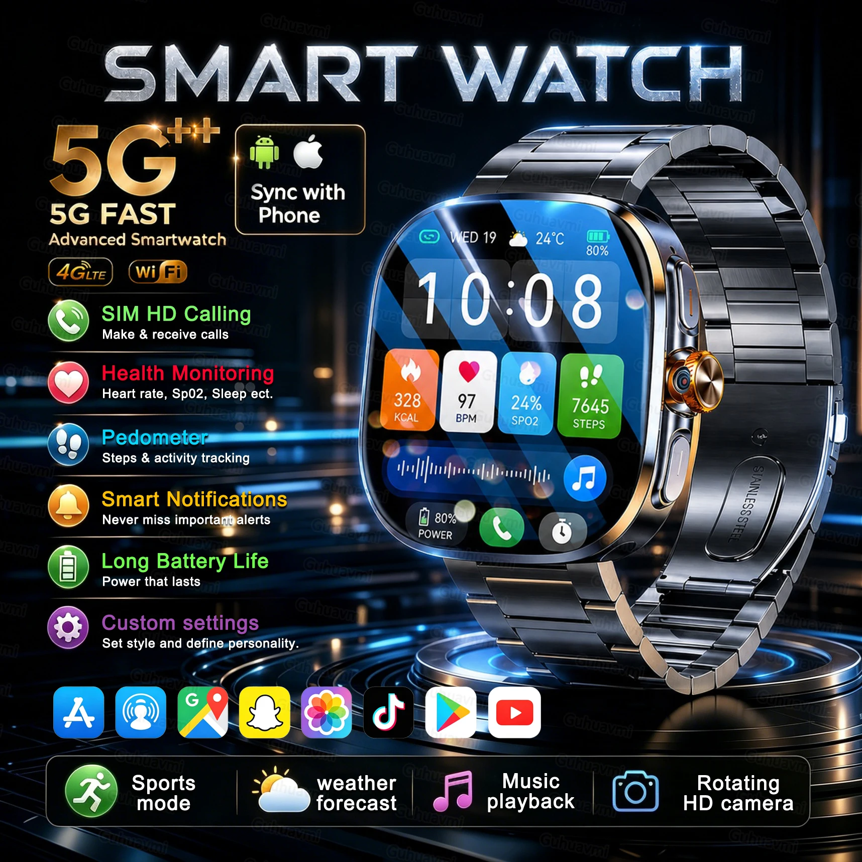 5G/4G Full Network Smart Watch 2.40 inch Sapphire AMOLED Screen Video Call 8GB+128GB RAM 2100mAh Google Play WIFI GPS Smartwatch
