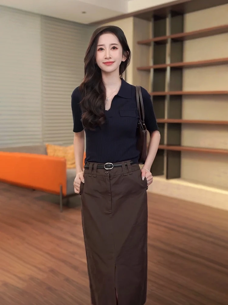 

Zone ort Sve трикотажная футболка женская летняя мода повседневная свободная посадка однотонного цвета из смеси шелка irt топ с воротником Генри