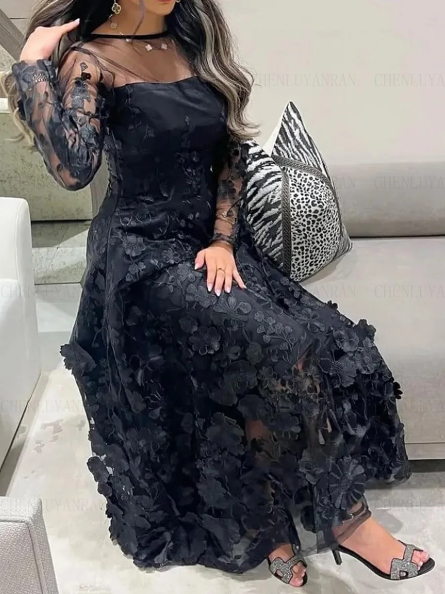 Black Luxury Formal Occasion Dresses 2023 O-Neck Long Sleeves Ball Gowns A-line Sexy Elegant Evening Party Gowns فساتين الحفلات