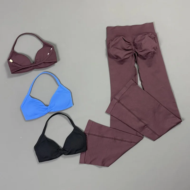 2-teiliges HISTELLO Schlaghosen-Set für Damen, Neckholder-Sport-BH, Nahtlose Po-Lifting-Yogahose, Bauchkontrolle, Fitness-Workout-Sets – Detail 11