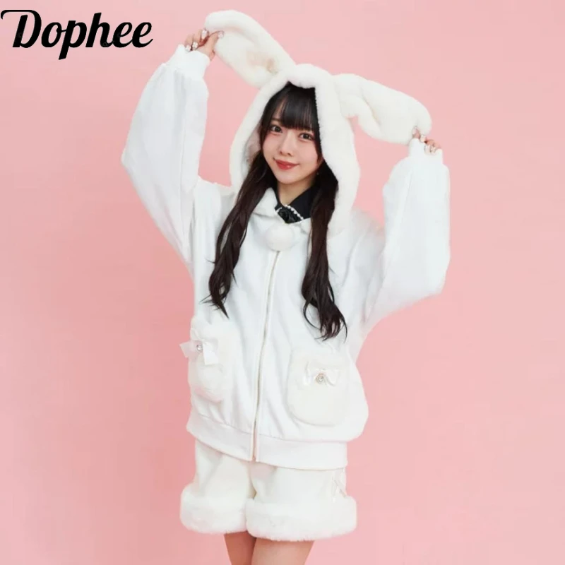 Dophee Original Japanese White Plush Jacket All-match Autumn Winter Women Zip Cardigans Coat Cute Rabbit Ears Fluffy Hoodie Top