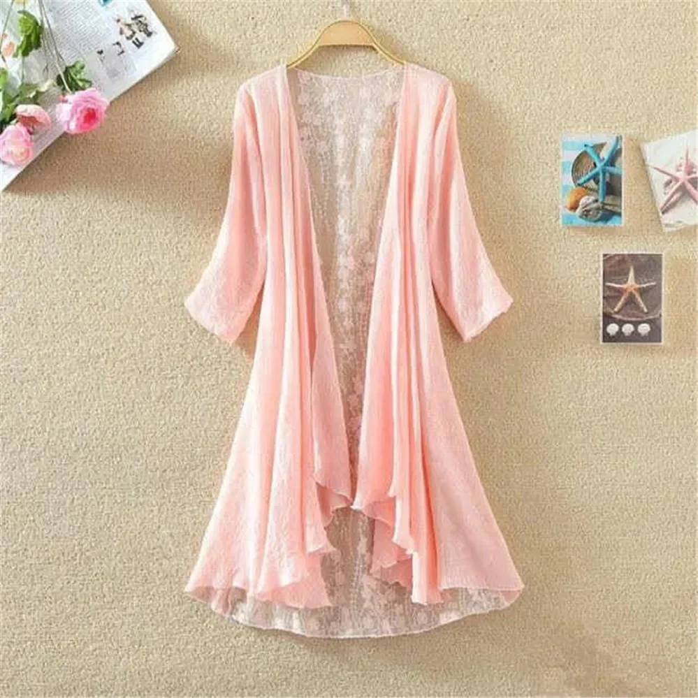 Women Chiffon Tunic Kimono Cardigan Lace Long Shirt Ruffles Hollow Out Loose Ladies Cardigans Spring Summer Shirts Female V1557