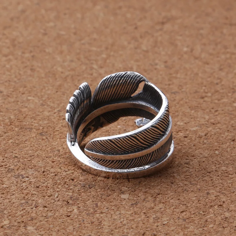 Wholesale S925 sterling silver retro Eagle series Thai silver light simple silver feather men's and women's personalized ring view 4