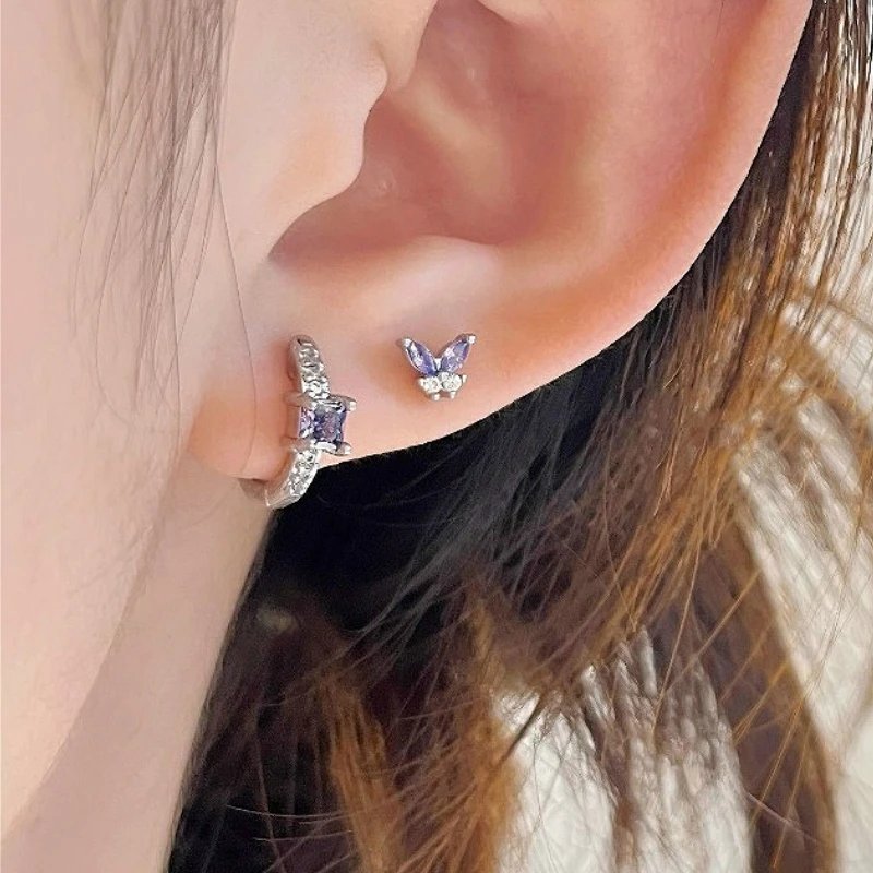 

925 Sterling Silver Geometric Chic Purple Zircon Butterfly Stud Earring for Women Fine Jewelry High Luxury Vintage Accessories