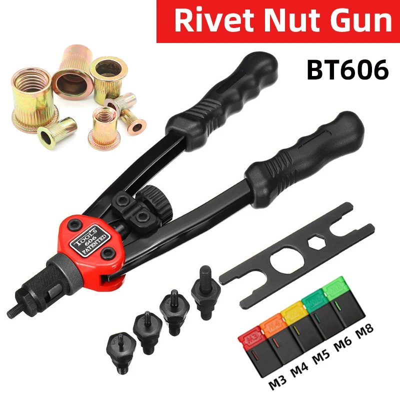 Riveter Gun Tool BT-606 Hand Threaded Rivet Nut Gun  200pcs Flat Head Thread Rivet Nuts M3 M4 M5 M6 M8 Double Handle Rivet Tools