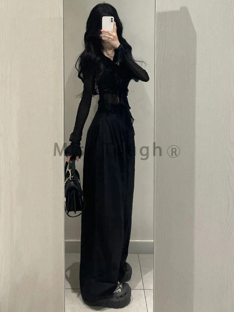 Autumn 2000s Elegant 2 Piece Sets Women Ruffles Long Sleeve Cardigan +Y2k High Waist Loose Wide Leg Pants Female Chic Clothing