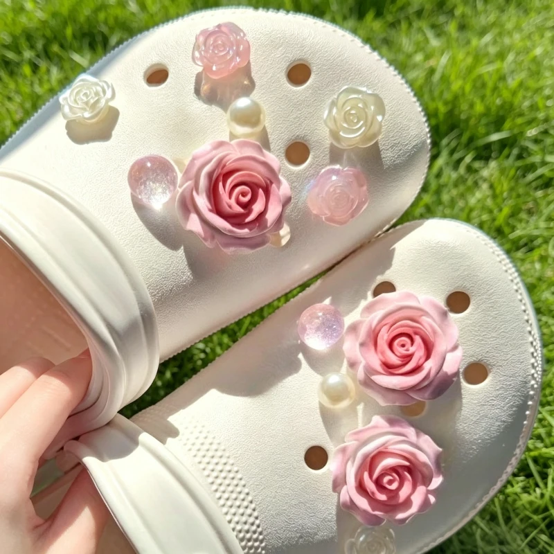 Pink Gradient Rose Resin Shoe Charms Transparent DIY Hole Sandal Decor Floral Cute Trendy Ornaments Summer Gift for Girls Women