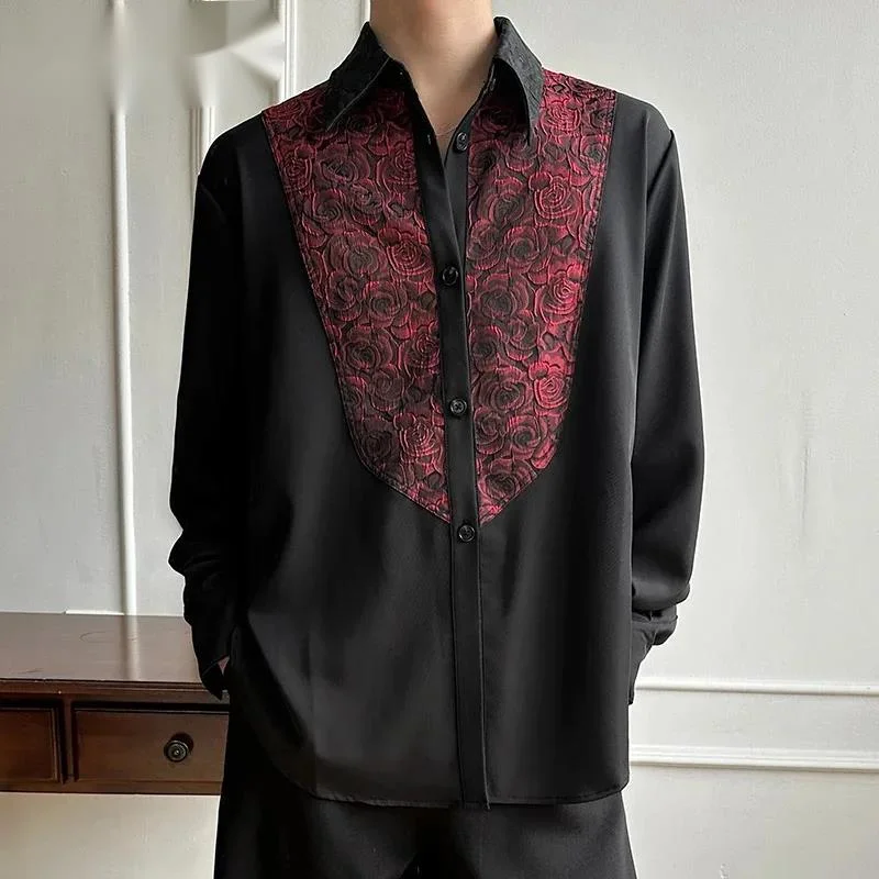 Gothic Men's Shirt Red Rose Jacquard Panel Contrast Collar Long Sleeve Slim Fit Edgy Streetwear Premium Satin Blouse 9XFJOT