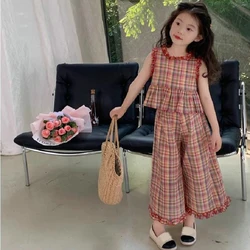 Girls' Set Plaid Lace Top+Wide Leg Pants Two-Piece Girls Kids Outfit 2023 Summer New Children'S Clothing Sets Girls Suit