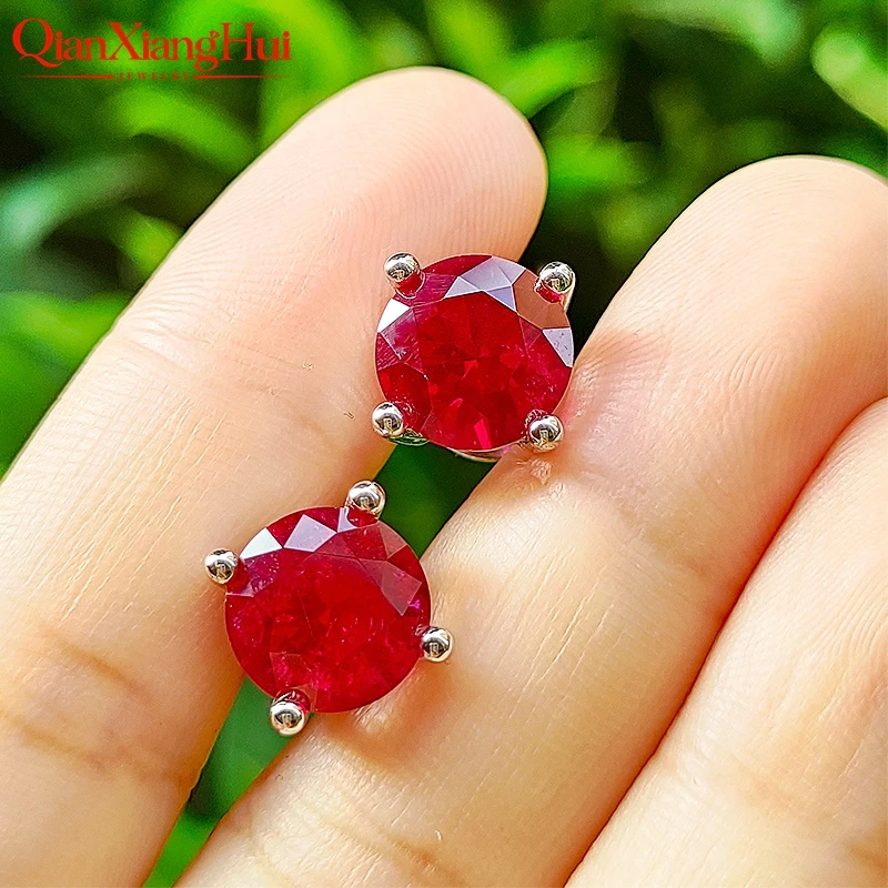 Lab Created Ruby Ear Stud 5-9mm Pigeon Blood with Inclusions Red Round Shape Single Stone S925 Silver Earrings Jewelry