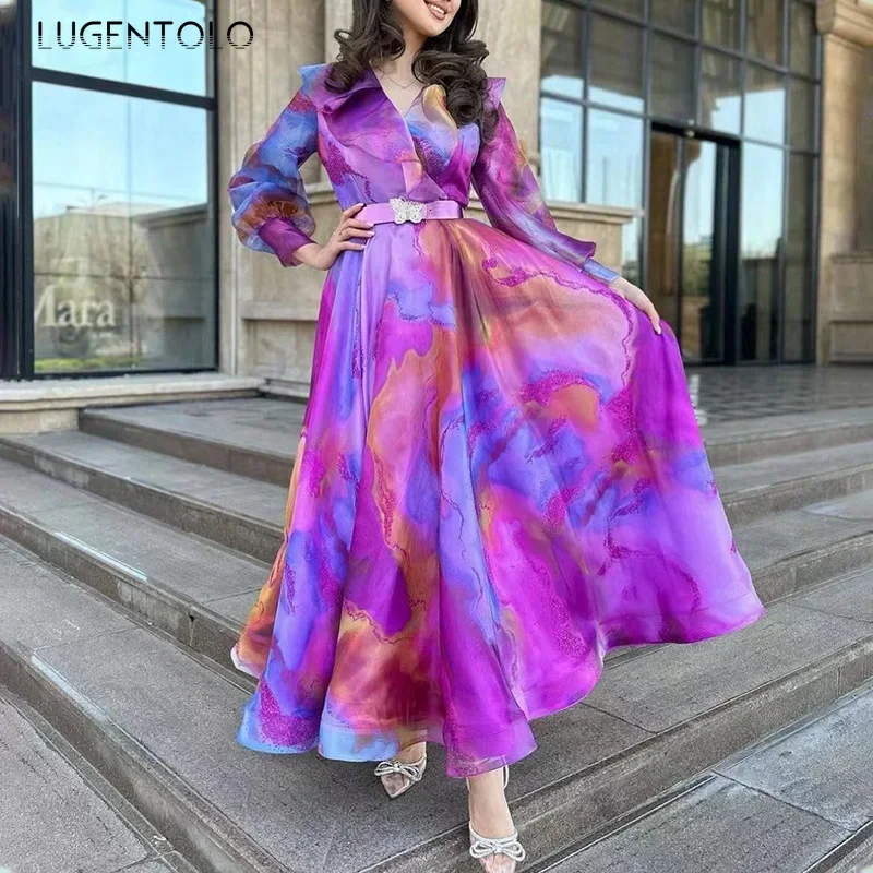 

Women Elegant Dress Print Lace-up Big Swing New Fashion Commute Office Lady Long Sleeve Spring Summer Cloth (Belt Not Included)