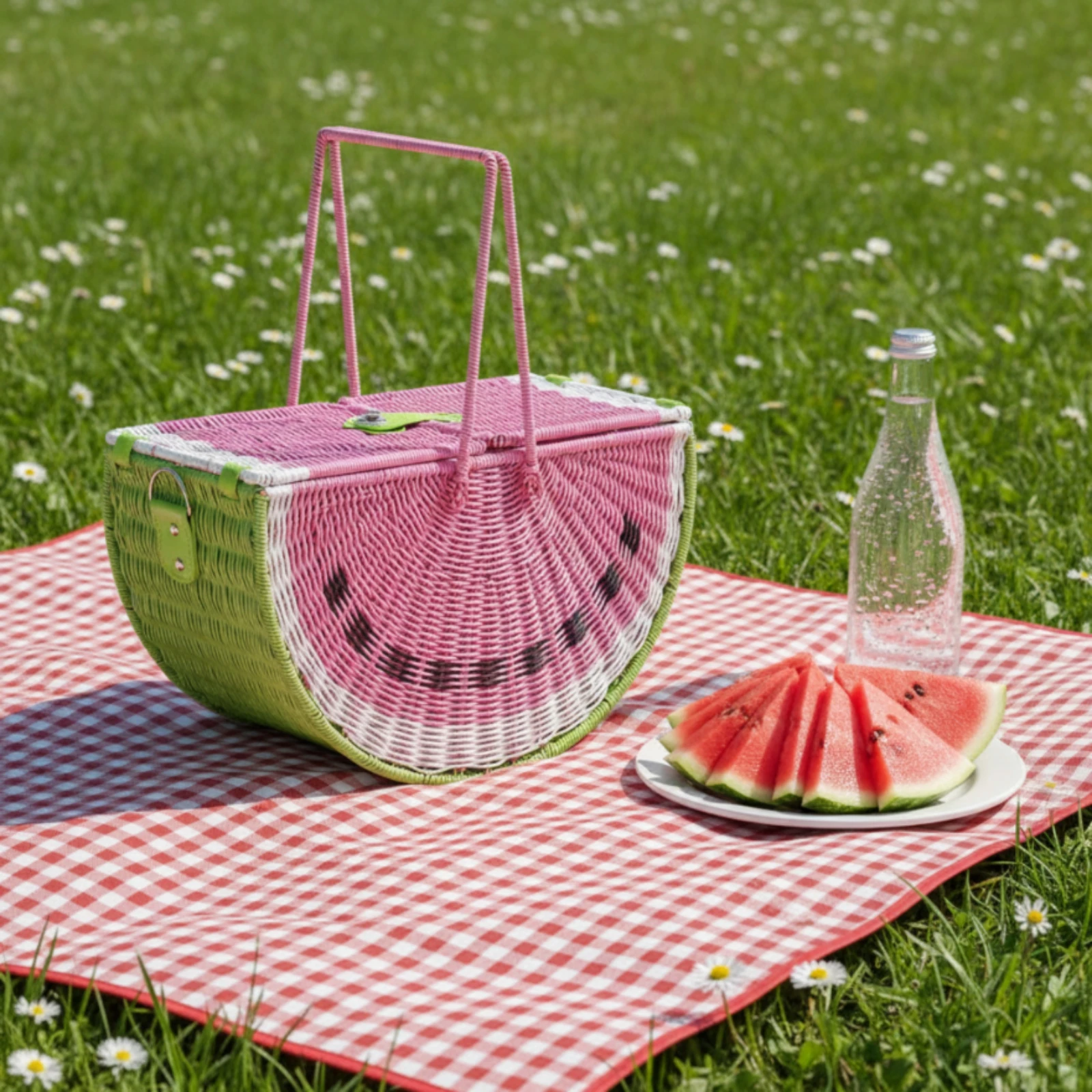 

Watermelon Picnic Basket Printed Detailing Faux Rattan Picnic Basket Woven Rustic Design