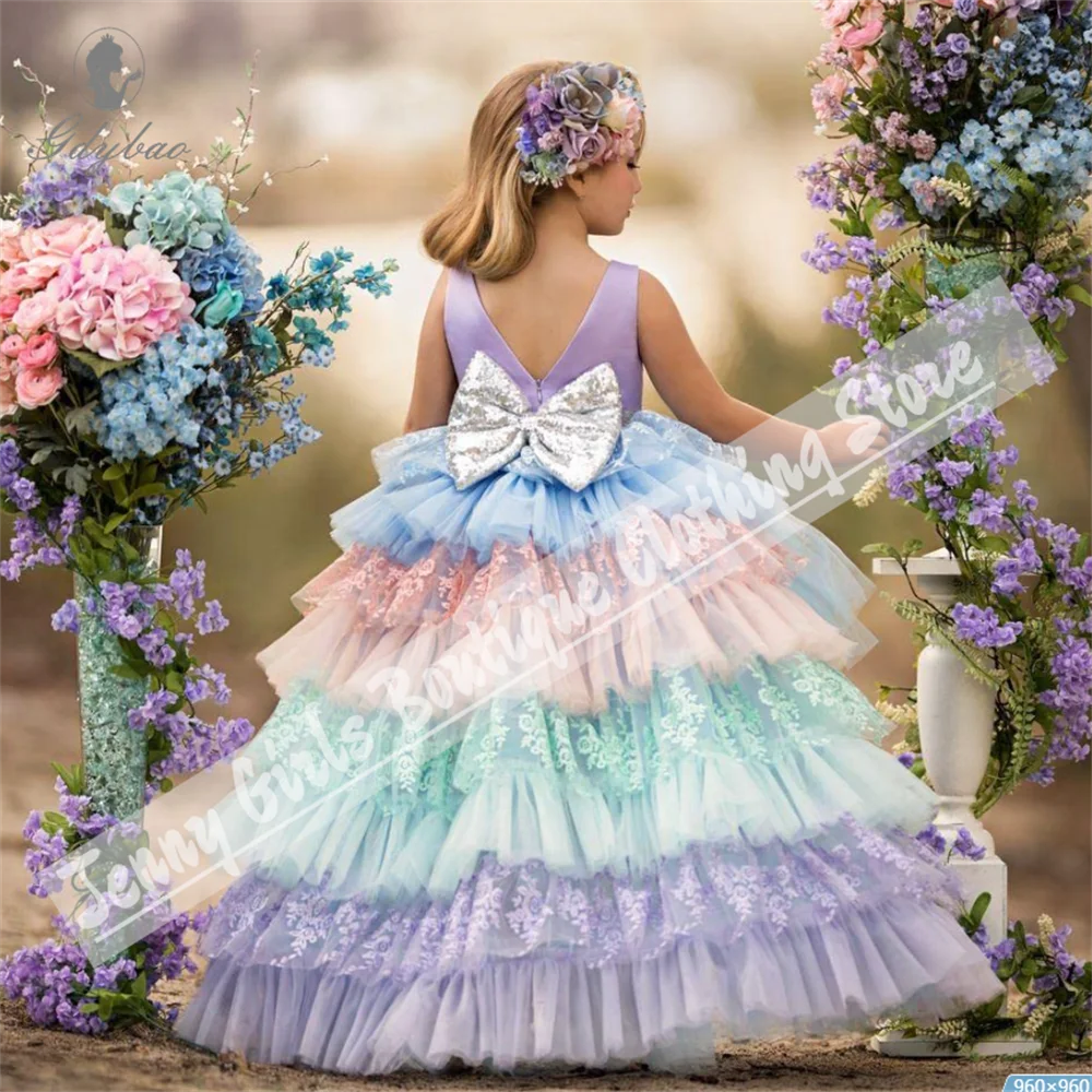 Affascinante abito da ragazza di fiori con volant colorati Delaminazione con tulle adatto per abito da ballo di compleanno della prima comunione della principessa