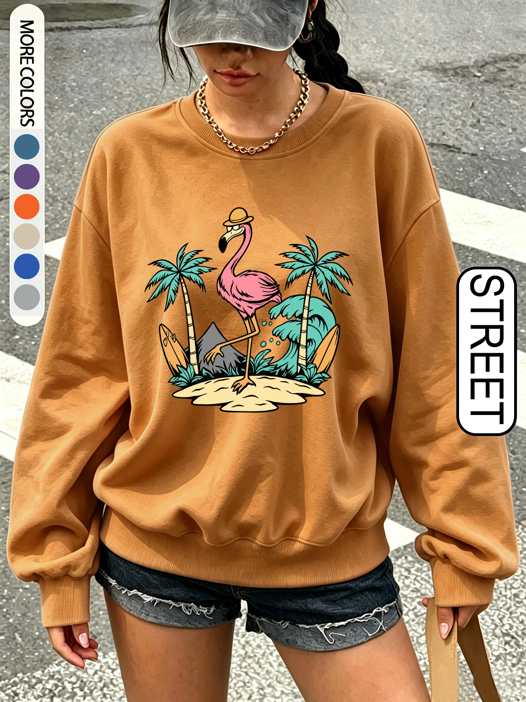 Flamingo Coconut Tree Island Surfing Pattern Women Sweatshirts Crewneck Soft Sportswear Casual Autumn Pullovers Fleece Clothes