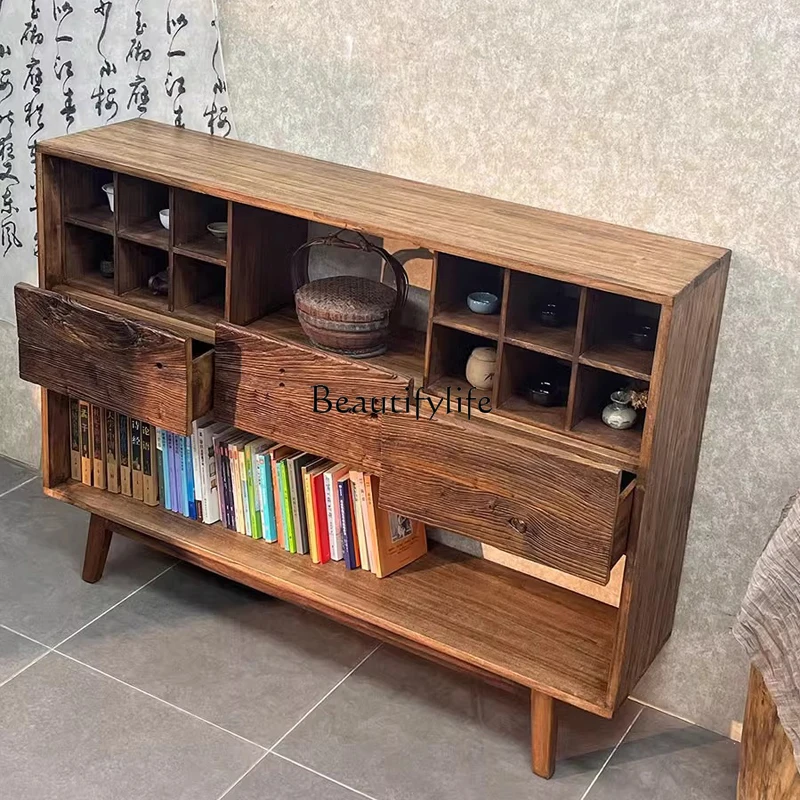 

Homestay retro teacup holder old wood display storage lattice cabinet entrance living room solid wood bookshelf