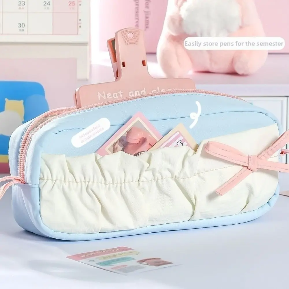 Ruffle Pen Bag Bow Cloud Stationery Bag with Lanyard Bowknot Korean Cloud Pencil Case Aesthetic Large Capacity Pencil Pouch