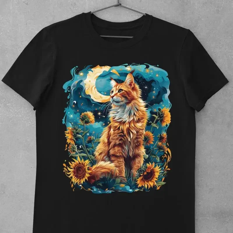 Ginger Cat Sunflower T Shirt Van Gogh Inspired Starry Night Art Lover Funny Animal Mom Pet
