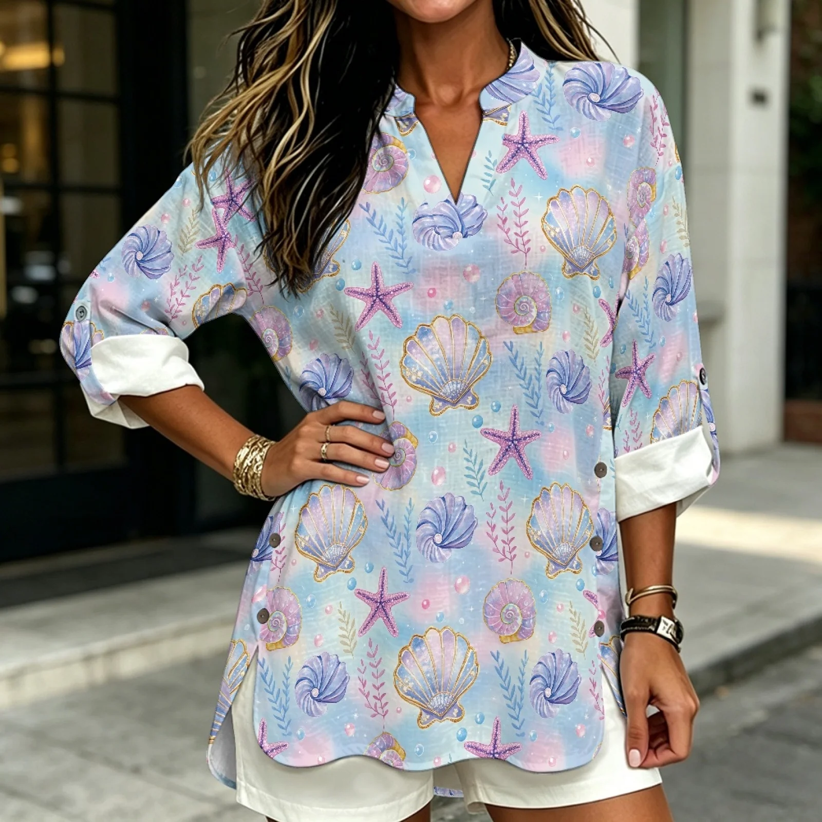 PENSTROLL Sea Shell Starfish Linen Like Women's Long Sleeve Shirts Rolled Sleeve V Neck Tunic Blouses for Womens Sizes S-5XL