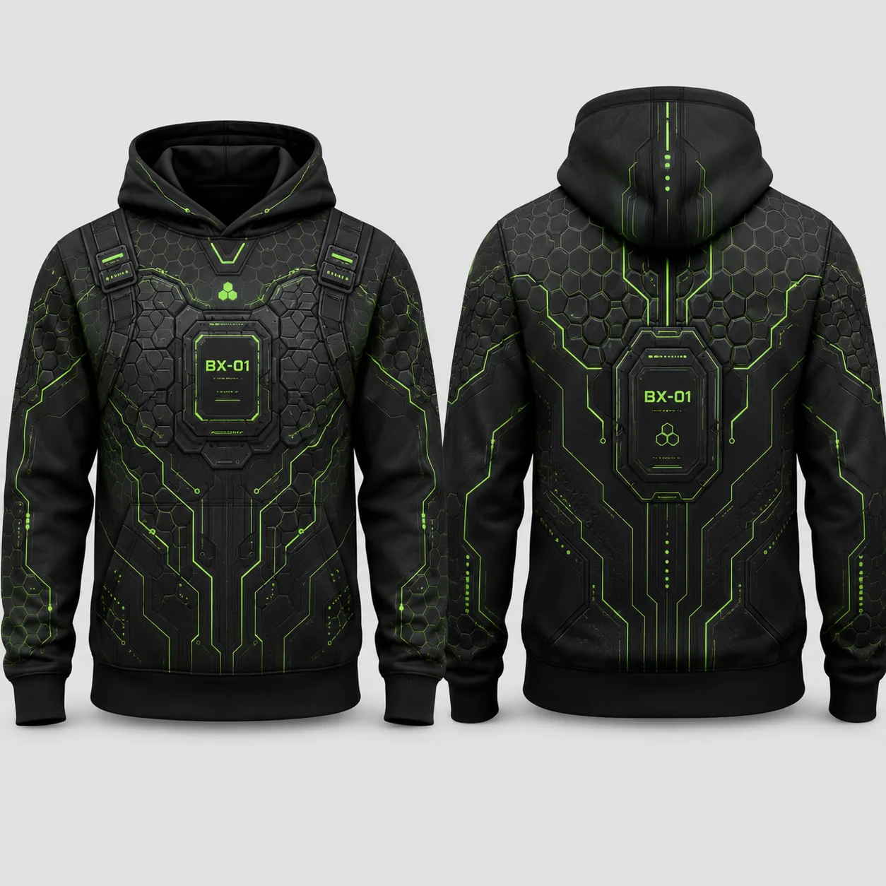 Cyber Tech Hoodie Men Black Green 3D Sublimation Print Flat Graphic Pullover Sweatshirt Futuristic Streetwear Casual Top