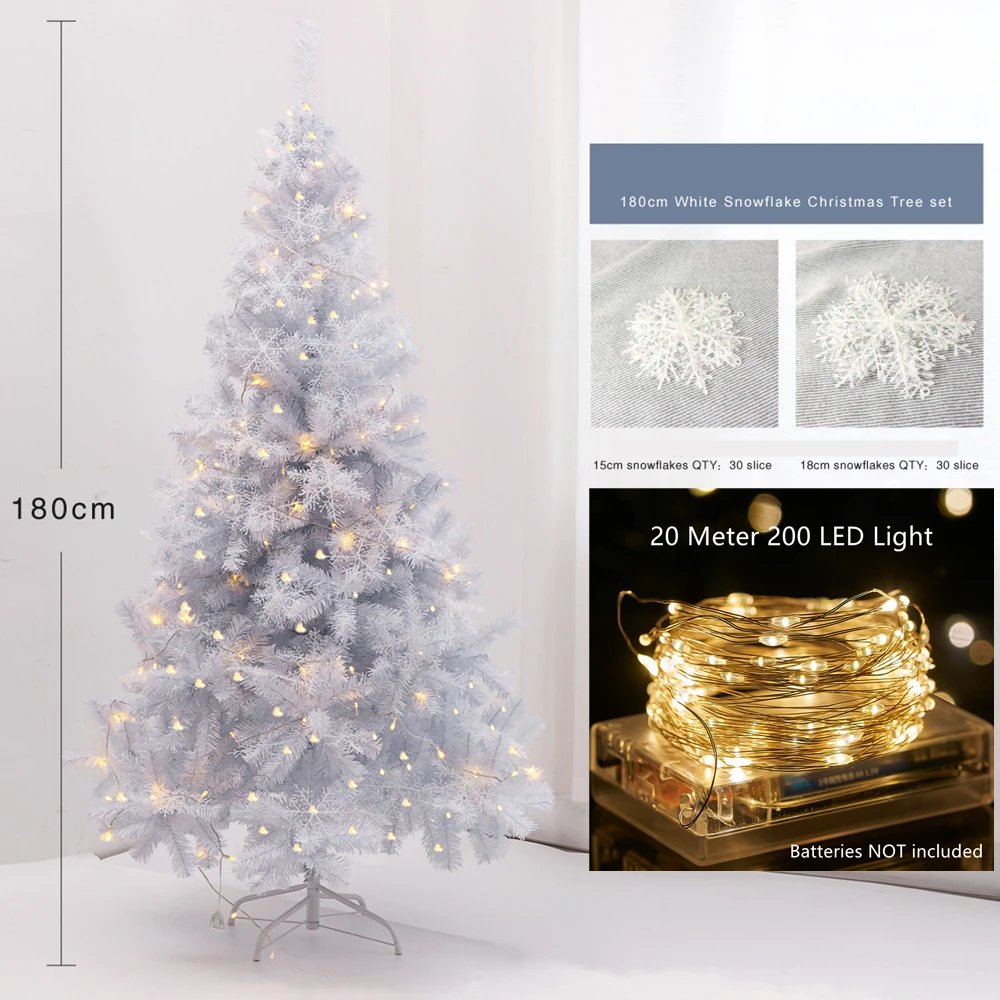 180cm/150cm White Christmas Tree with White Snowflake Xmas Tree Set 6ft/5ft Fir Tree with 300 LED Light