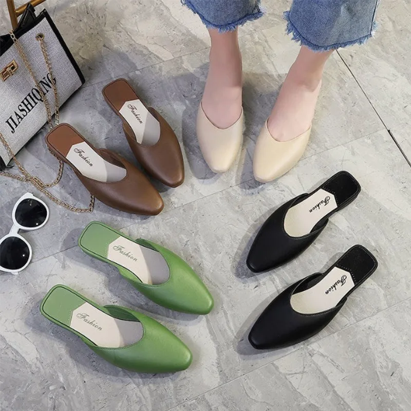 Women Baotou Half Slippers Summer New Fashion Women Outdoor Low Heel Casual Comfort Soft Sole Anti Slip Beach Green Slippers