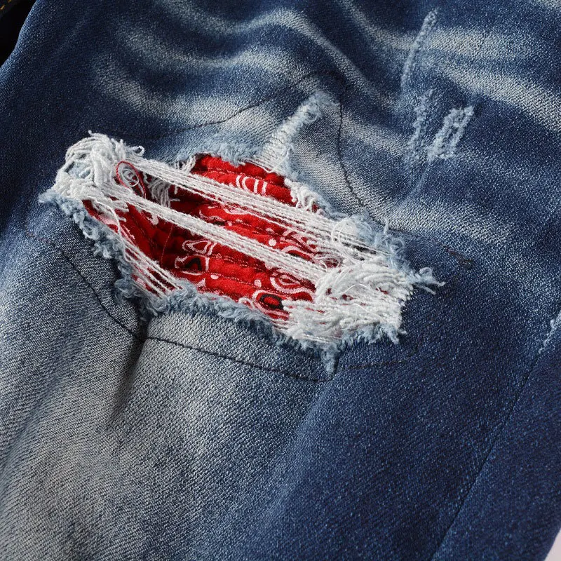 Fall Retro Contrast Color Stitching Ripped Hole Design Stretchy Jean Hip Hop Style Trouser For Men Pantalon Vaquero Hombre