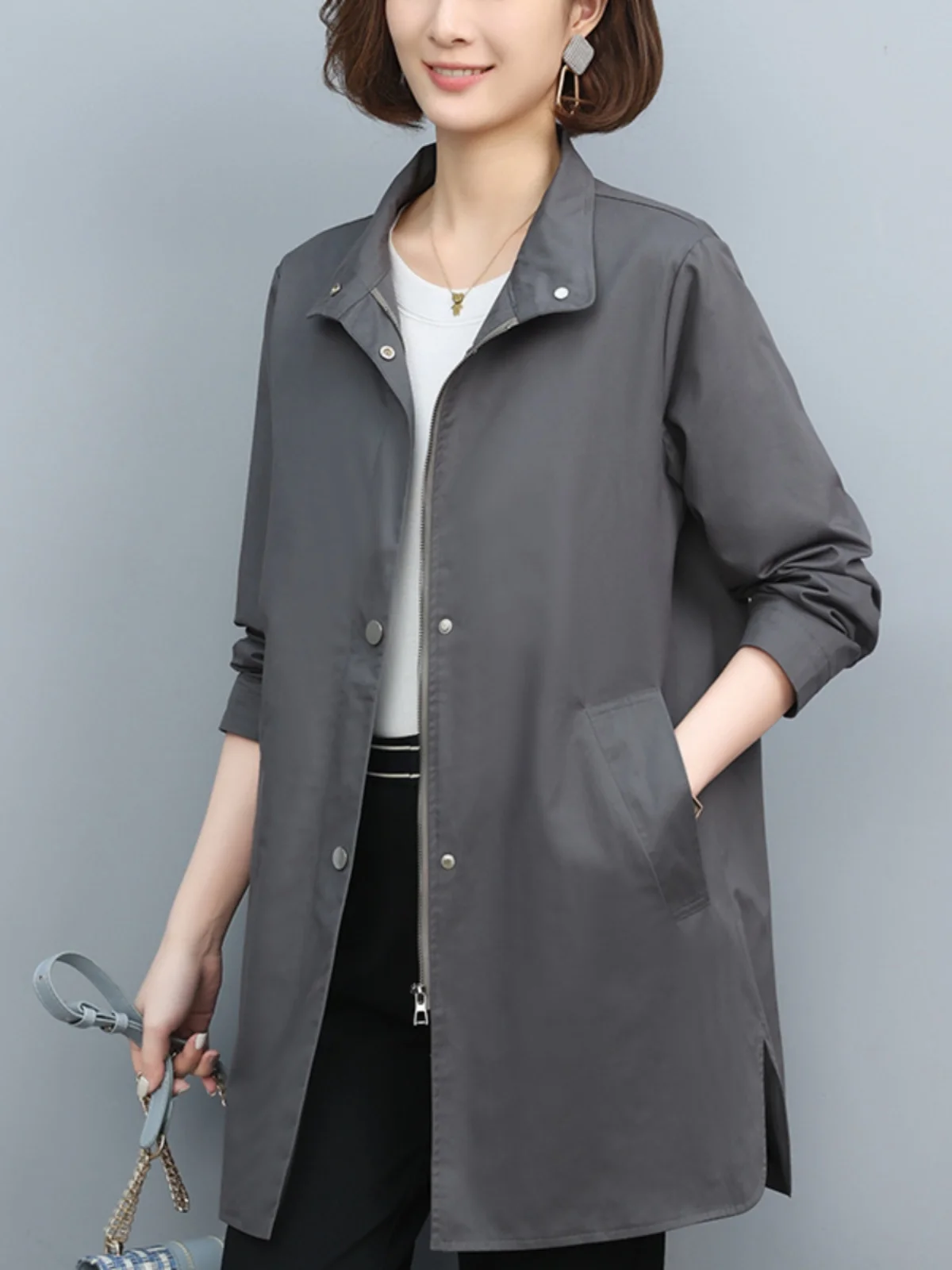 

Ele пальто средней длины для женщин среднего возраста, весна-осень, модное корейское пальто, свободный крой, хлопковая застежка-молния