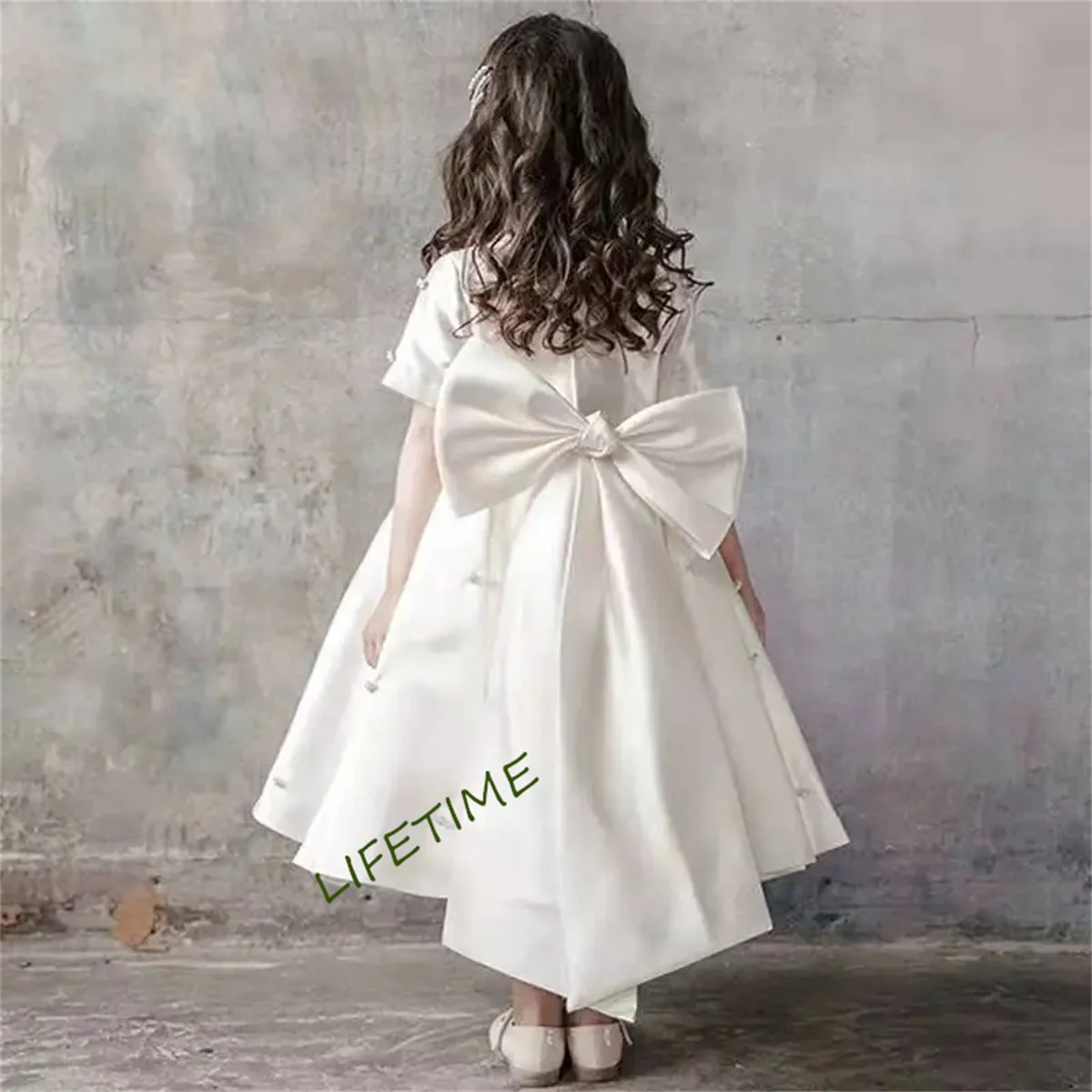 White Flower Girl Dress For Wedding Applique Short Sleeve With Big Bow Birthday Party Pageant Kids Princess First Communion Gown