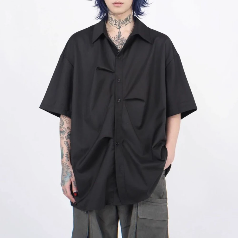 

Men's Solid Color Pleated Short-Sleeved Shirt American Fashion Trend Street Casual Loose Breathable Niche Summer New Men's Tops