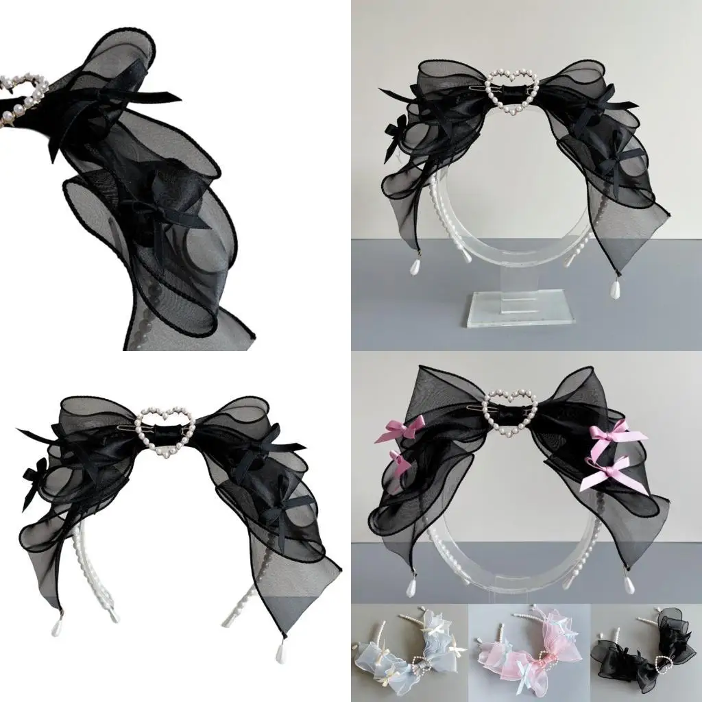 

652F Lace Bows Headband Girls Hair Headbands Cosplay Pearl Bead Hairband Head Hoop Headdress Hair Accessories