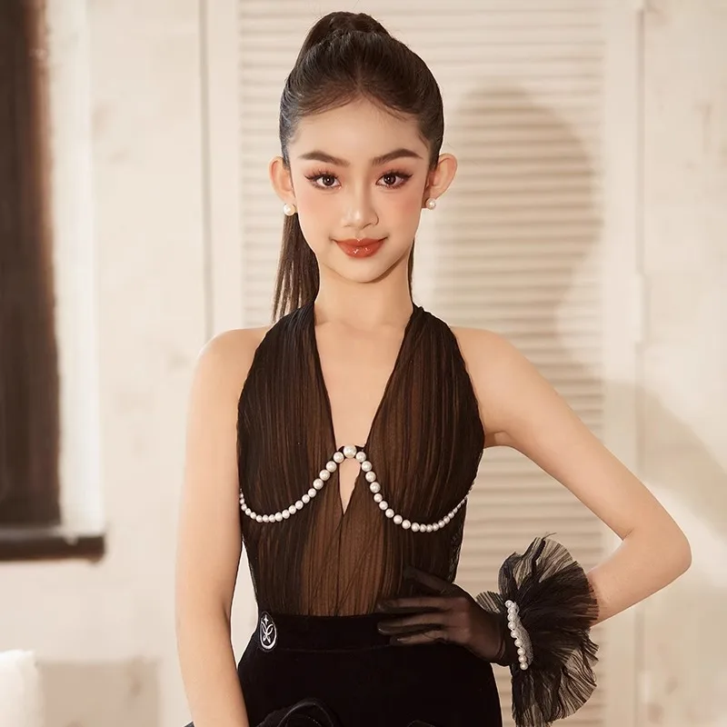 Girls Black Latin Dance Dress V-neck Pearl Decor Ruffle Skirts Cha Cha Dance Costume Ballroom Salsa Dance Wear