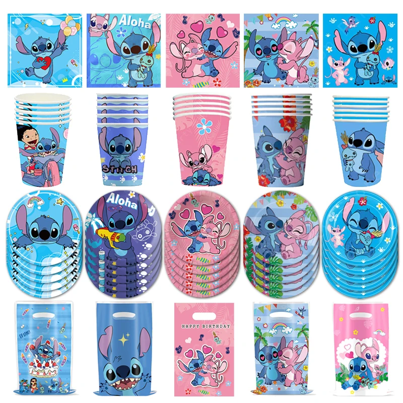Disney Lilo und Stitch Geburtstagsparty-Dekoration, Einweggeschirr, Süßigkeitentüte, Tischdecke, Pappbecher, Teller, Servietten, Zubehör-Set – Detail 1