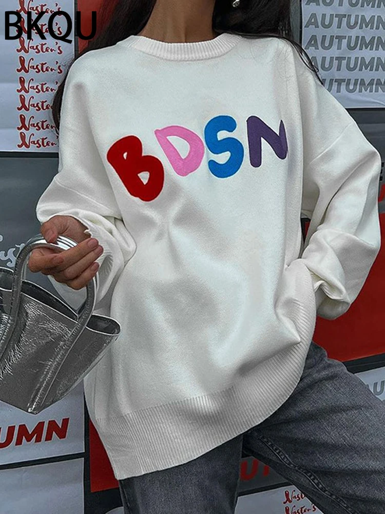 BKQU Sweater Women Letter Embroidery Long Sleeve O neck Knitted Pullover Casual Y2K Warm Thick Loose Elastic Sweaters Streetwear