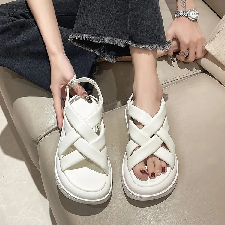 Cross Outside Sandals Black Shoes for Women Summer Heels Muffins shoe Open Toe Beige Girls Gladiator Retro Comfort Flat Low Fash