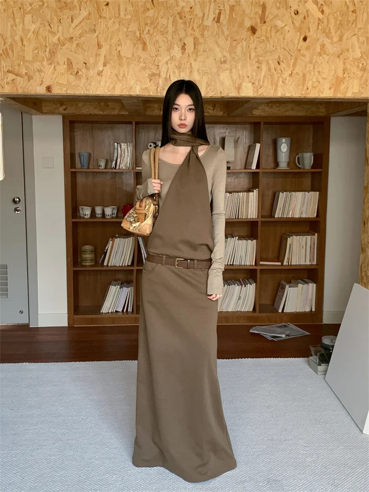Primavera e outono novo estilo wasteland camada interna falso de duas peças manga longa halter pescoço cintura-concha longo marrom cinza vestido