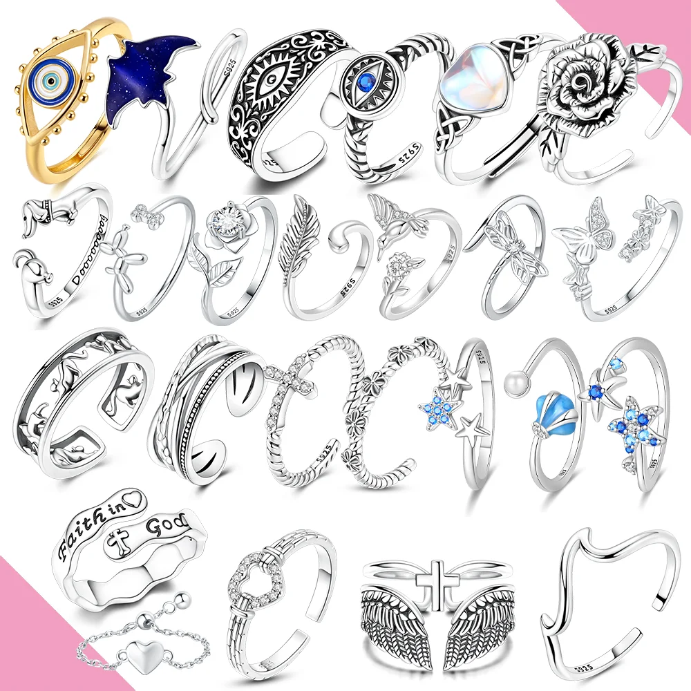Original S925 Silver Faith Evil Eye Horse Cross Collection Open Rings Zircon Engraved Text Stackable Adjustable Rings for Women