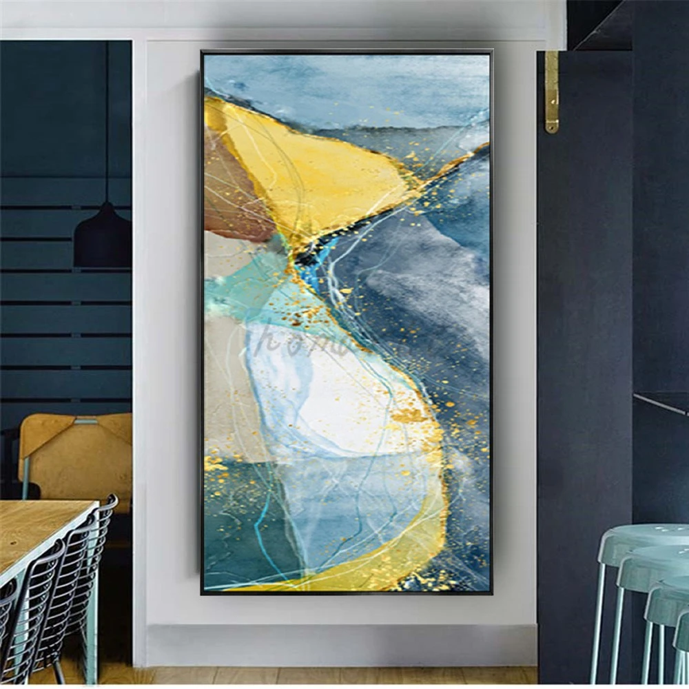 Nordic Abstract Geometric Contour Map Wall Art Canvas Gold Blue Oil Painting for Living Room Home Decor Porch