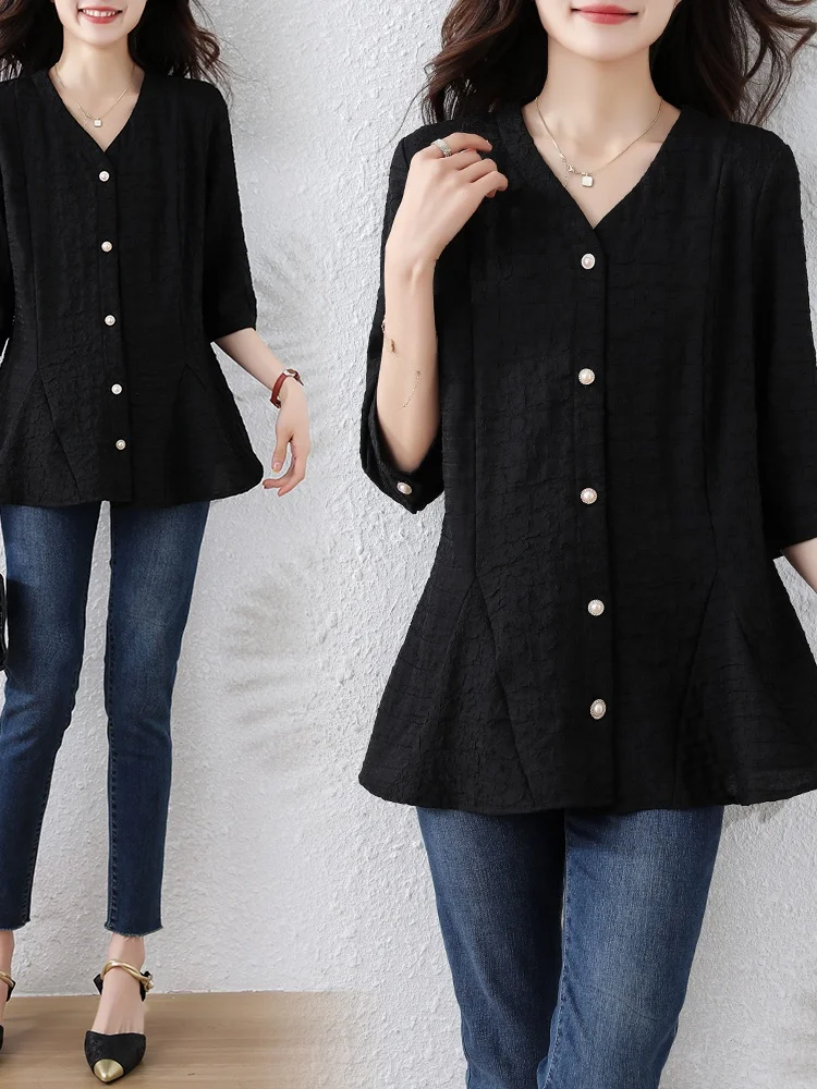 

Retro Sle Women's Lace Base irt Loose Seven Sve Tops Faionable Small irt V Ne Button Closure Regular Thin