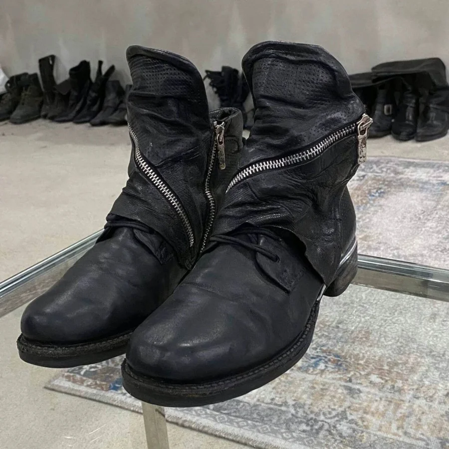 Vintage Distressed Spliced Workwear Stiefeletten Motorradstiefel mit seitlichem Reißverschluss, lässige Lederstiefeletten im Biker- und Knight-Stil, High-Top-Schuhe