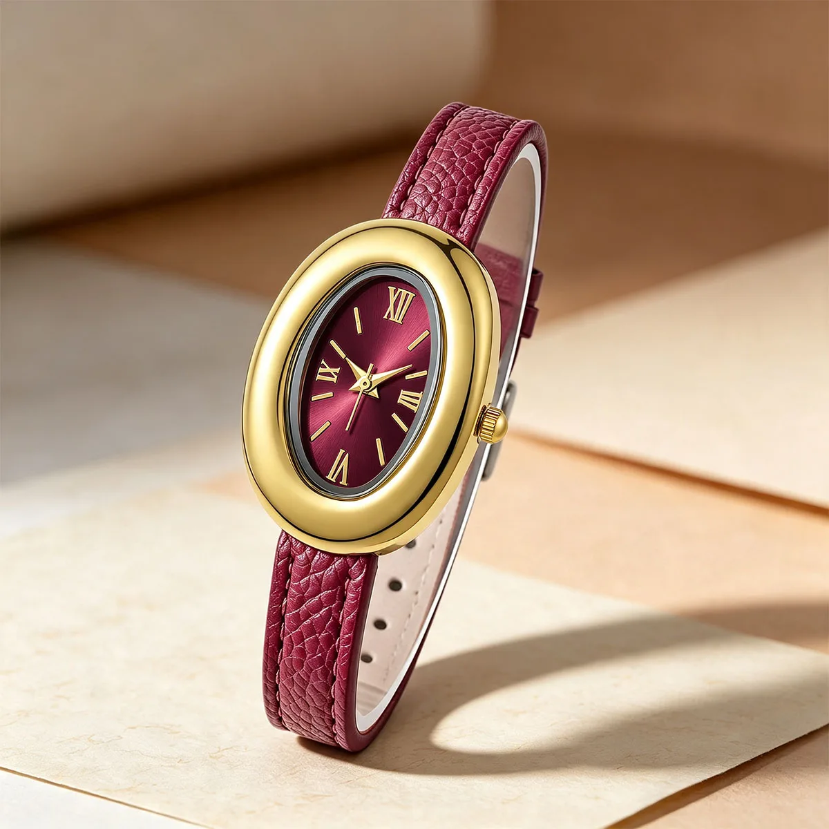 Fashion Women Business Casual Oval PU Leather Quartz Watches Anniversary Gift
