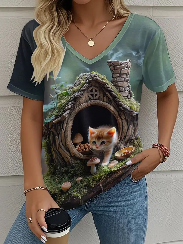 Squirrel Mushroom 3D Print T-Shirts Women's Casual Short Sleeve V-Neck T Shirt Top Y2k Harajuku Tees Streetwear Female Clothing