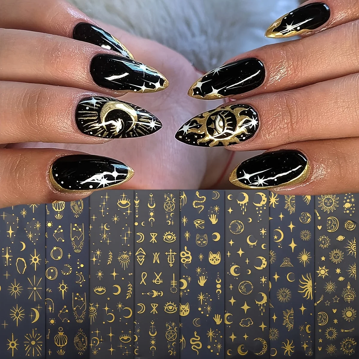 Autocollants dorés pour nail art, soleil, lune, étoile, faciles à appliquer pour la décoration des ongles, le bricolage, le cadeau, le maquillage de fête et de mariage, 8 pièces