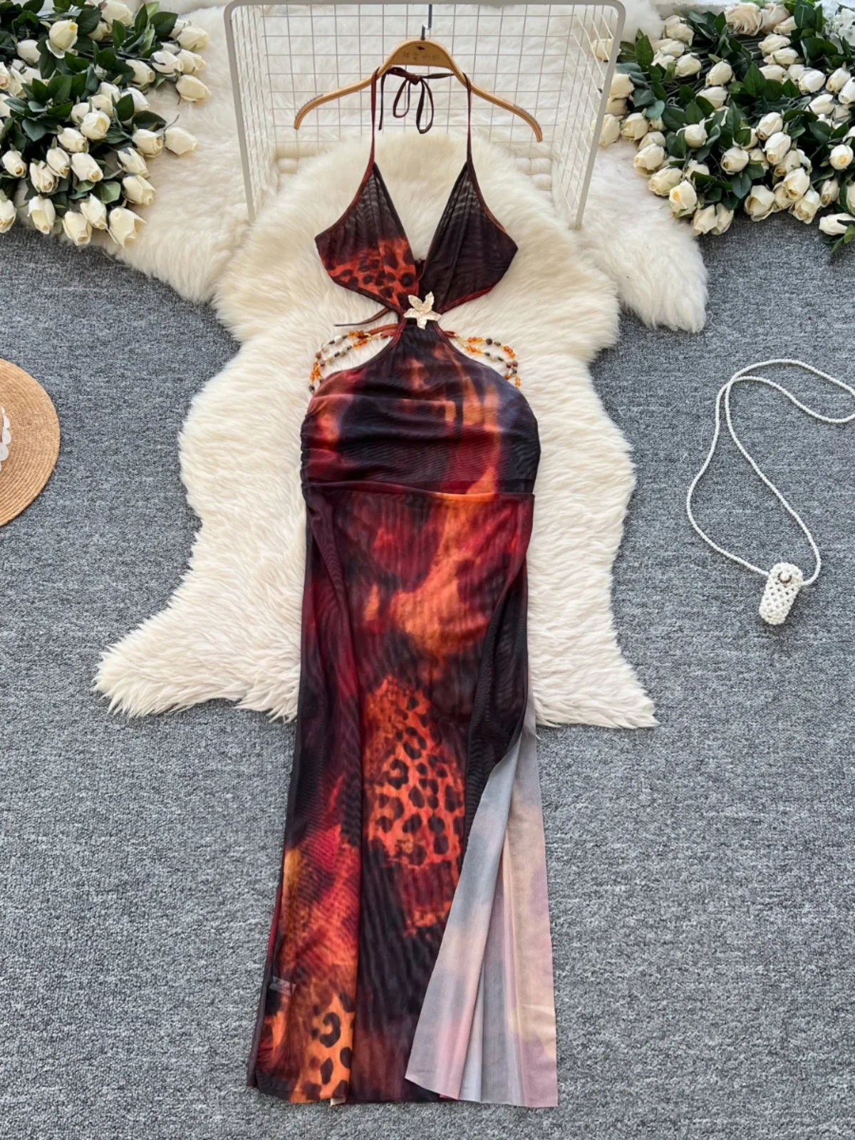 Sexy Red Brown Leopard Print Dress Women Halter Deep V Waist Cutout Side Slit Party Date Hot Girl Style Maxi Dress