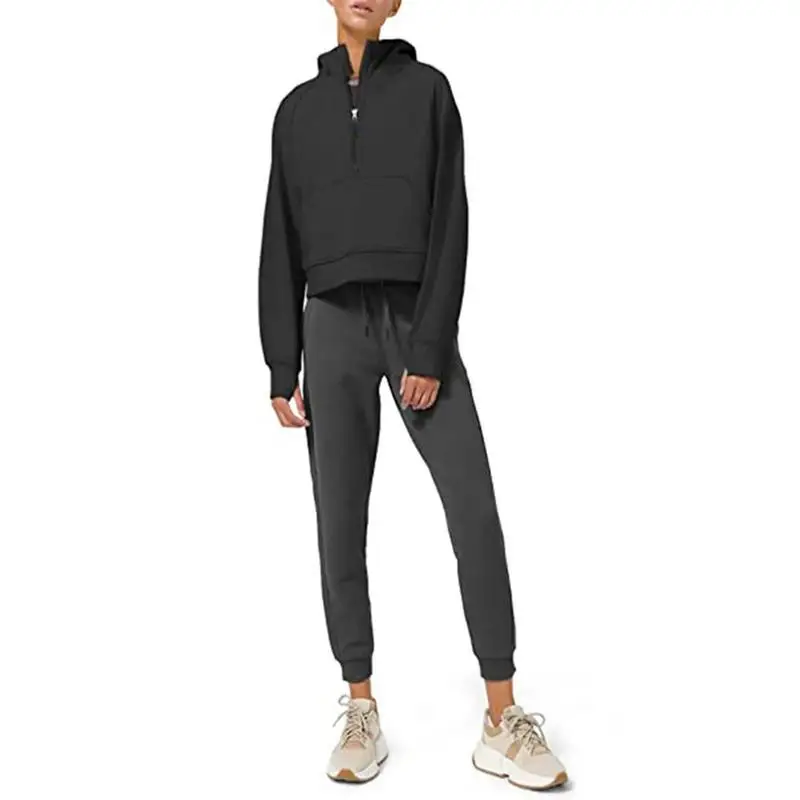 Loose Half Zip Hooded Sweaters Winter Autumn Warm Yoga Running Sweatshirts With Thumb Hole Women Active Wear Short Sports Tops