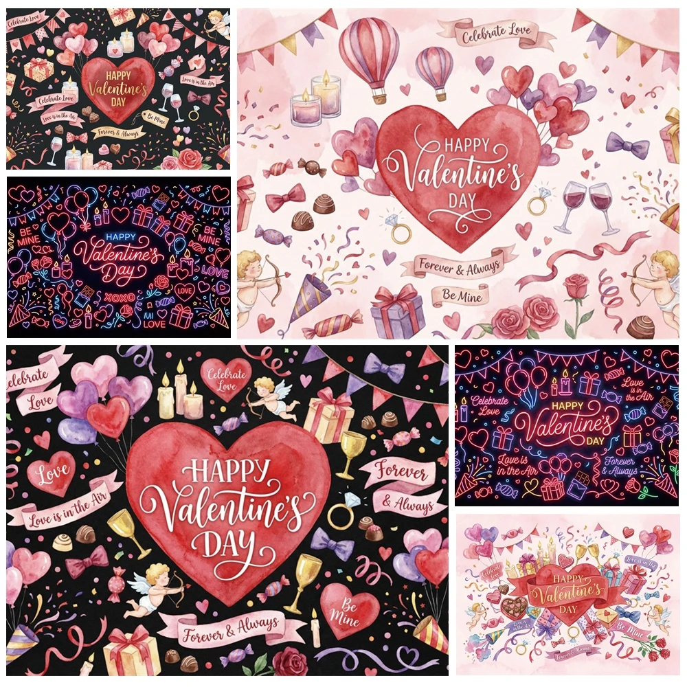 

MOON.QG Valentine's Day Neon Backdrop Heart Gifts Rose Background Photography Poster Wallpaper Photocall Portrait Couple Booth