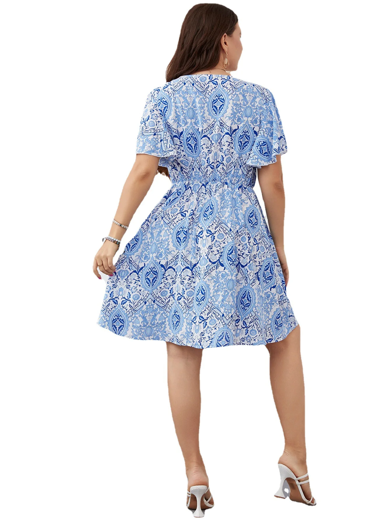 Abito estivo taglie forti con stampa floreale blu al ginocchio e maniche corte per abbigliamento casual ed elegante da ufficio
